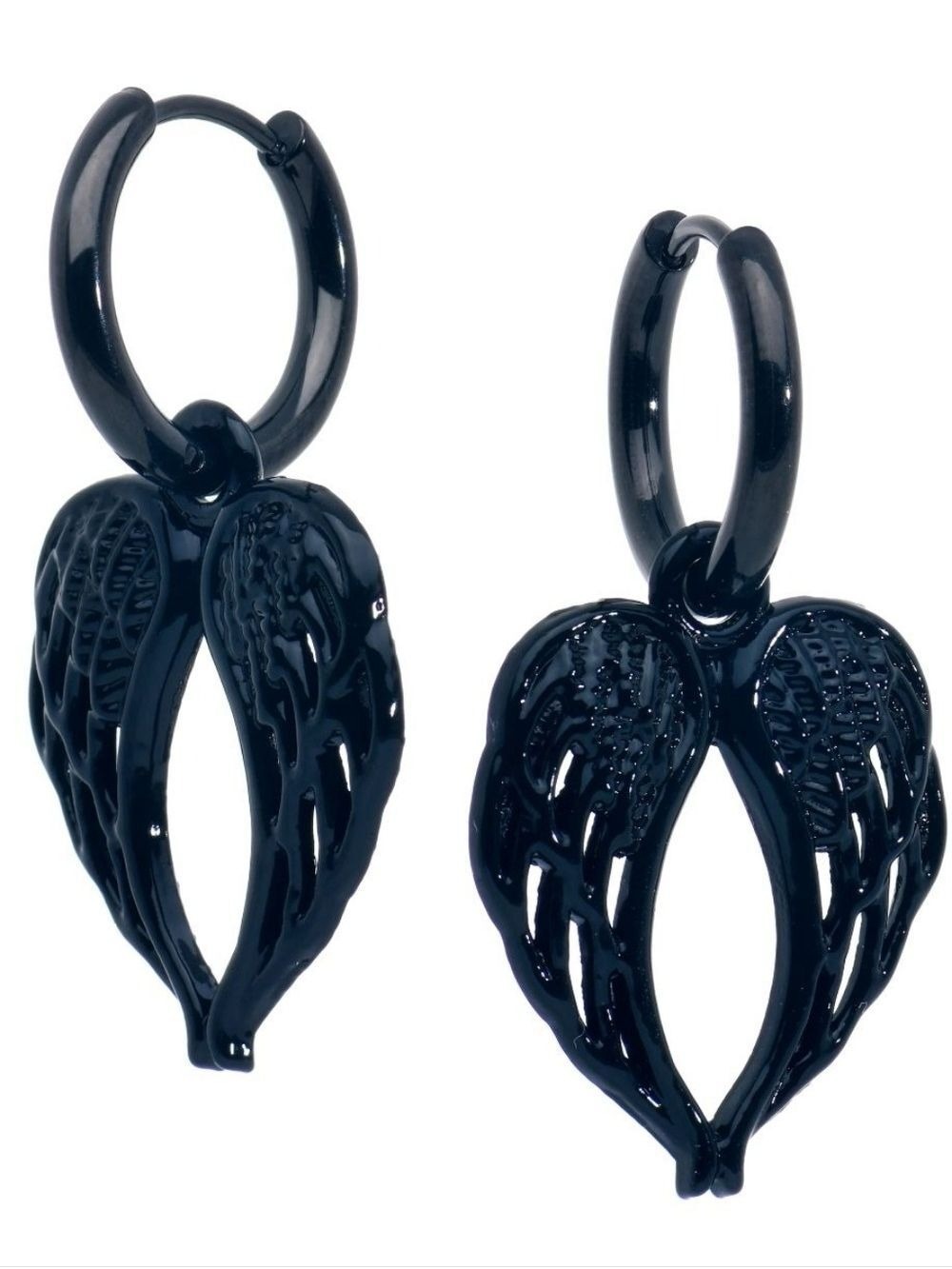 Black Anodized Steel Hinged Huggie Hoop Angel Wings Dangle Earrings